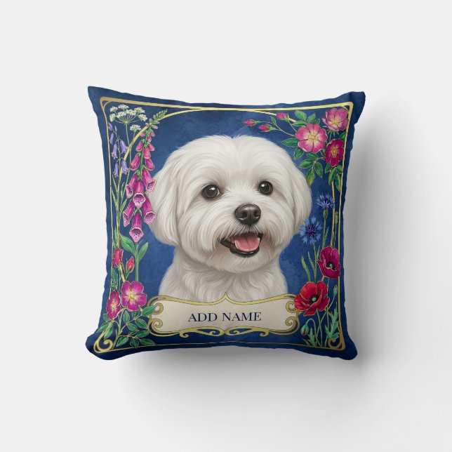 Almohada personalizada de perro maltés azul floral (Anverso)