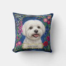 Almohada personalizada de perro maltés floral azul
