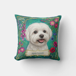 Almohada personalizada de perro maltés floral teal