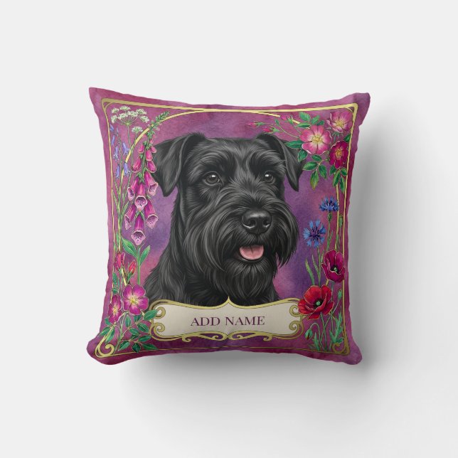 Almohada personalizada de Schnauzer negro con flor (Anverso)