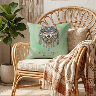 Almohada personalizada del espíritu del lobo verde