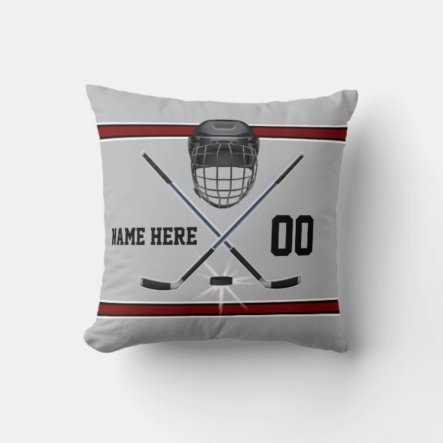 Almohada personalizada del hockey, gris, negro, (Anverso)