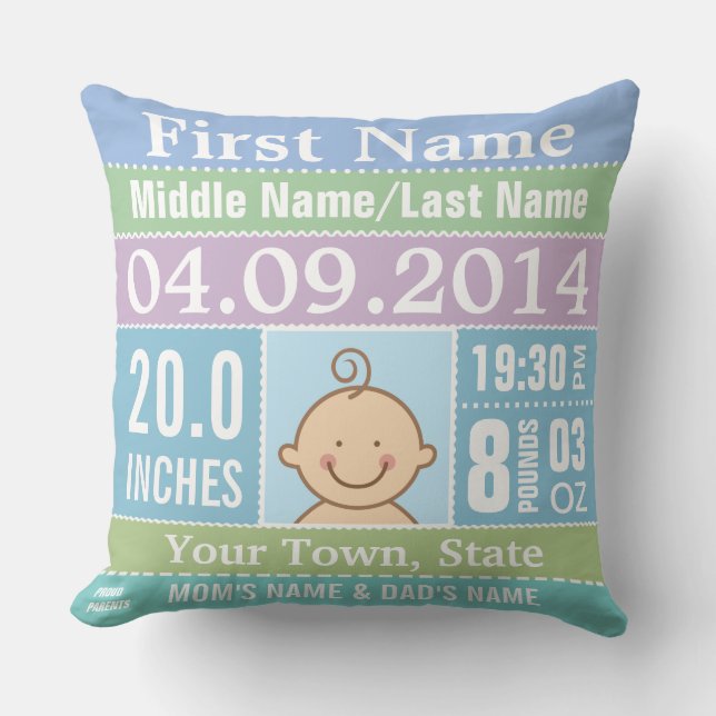 Almohada personalizada del Stats del nacimiento (Anverso)
