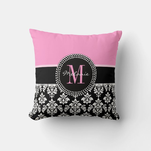 Almohada personalizada monograma negro del rosa (Anverso)