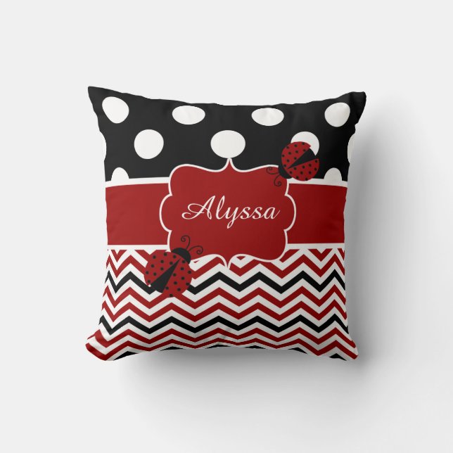 Almohada personalizada negro rojo de la mariquita (Anverso)