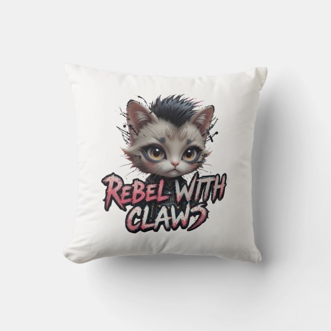 Almohada Punk Rock de Gato Rebelde con Garras (Anverso)