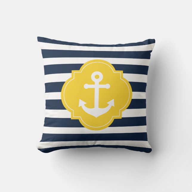 Almohada rayada amarilla del ancla náutica blanca (Anverso)