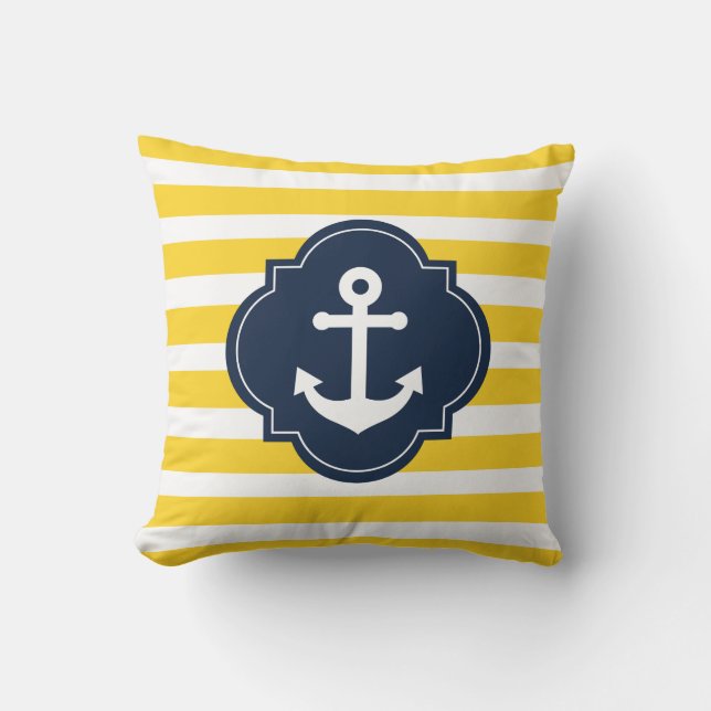 Almohada rayada azul del ancla náutica blanca y (Anverso)