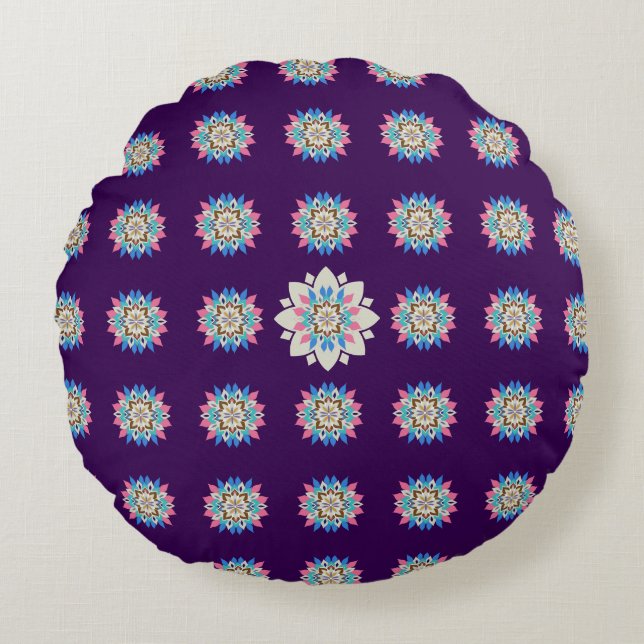 Almohada redonda azul de mandala (Anverso)