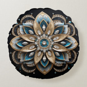 Almohada redonda azul, dorada y cristalina Mandala
