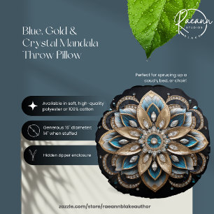 Almohada redonda azul, dorada y cristalina Mandala