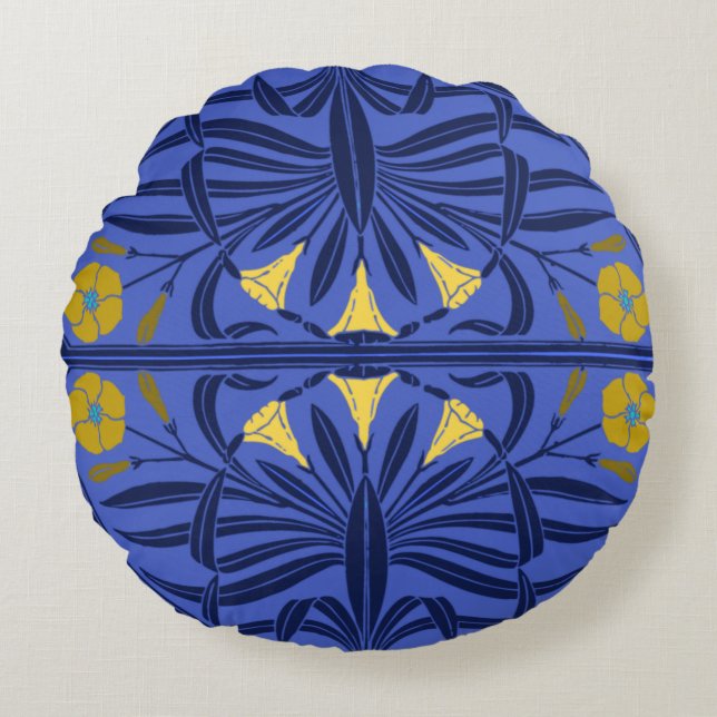 Almohada redonda azul y dorada de estilo Art Nouve (Anverso)