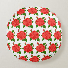 Almohada redonda blanca con rosa roja y capullos