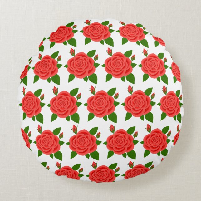 Almohada redonda blanca con rosa roja y capullos (Anverso)
