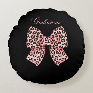 Almohada redonda con lazo de leopardo rosa persona
