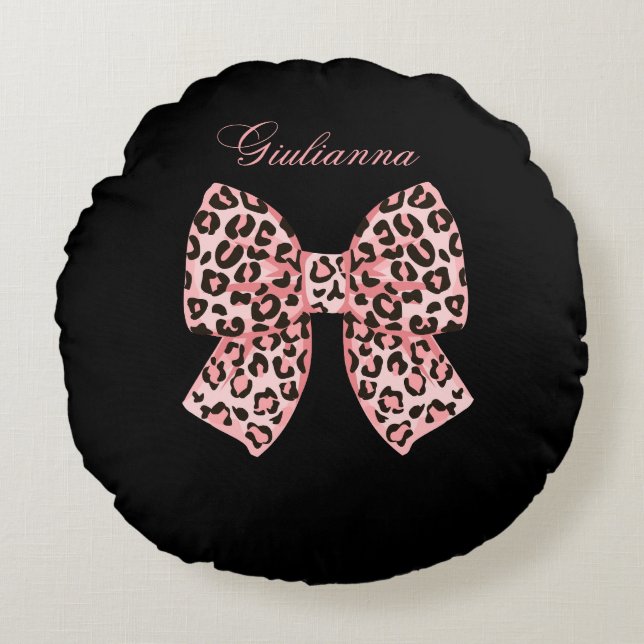 Almohada redonda con lazo de leopardo rosa persona (Anverso)