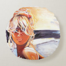 Almohada redonda con pintura única de chica rubio