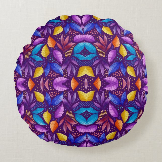 Almohada redonda con un patrón vibrante y simétric (Anverso)
