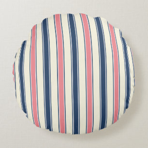 Almohada redonda costera a rayas rosa y azul marin