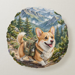 Almohada Redonda de Acuarela de Corgi Hiking en Mo