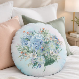 Almohada redonda de acuarela de hortensia azul