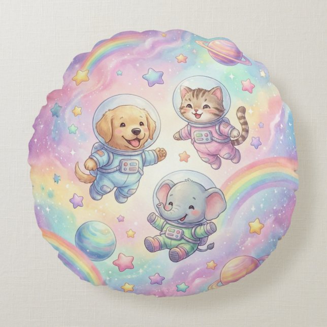 Almohada Redonda de Animales Astronautas Galaxia (Anverso)