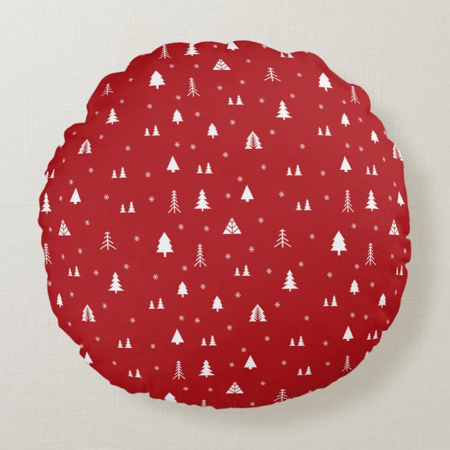 Almohada Redonda de árboles de Navidad y copos de  (Anverso)