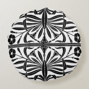 Almohada redonda de Art Nouveau blanco y negro
