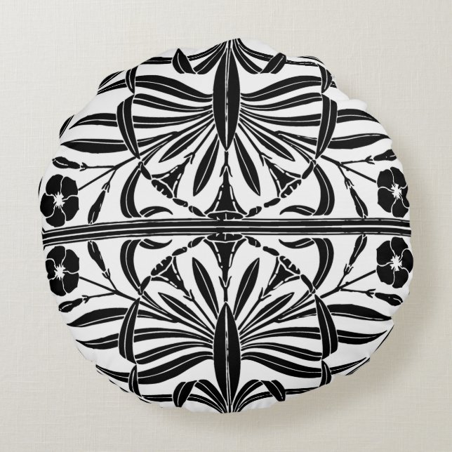 Almohada redonda de Art Nouveau blanco y negro (Reverso)