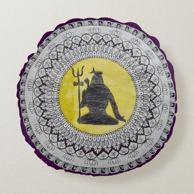 Almohada redonda de arte de Mandala del Señor Shiv (Anverso)