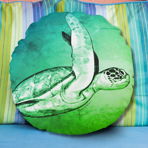 Almohada Redonda de Arte Original de Tortuga Marin