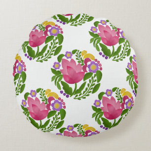 Almohada Redonda de Arte Popular Floral Colorida