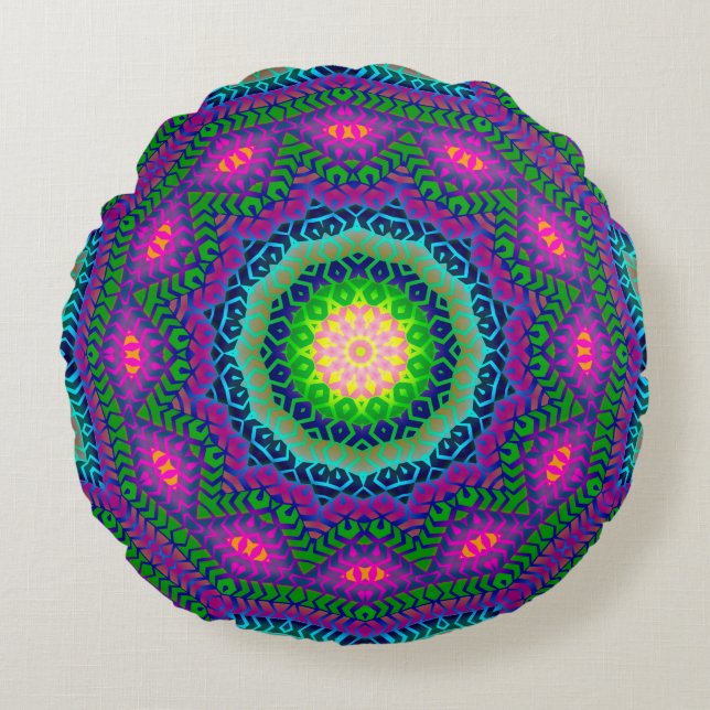 Almohada redonda de batik azul bohemio rosa (Anverso)