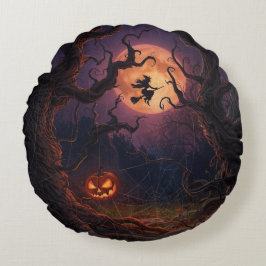 Almohada redonda de bruja y calabaza de Halloween
