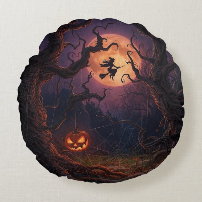 Almohada redonda de bruja y calabaza de Halloween (Anverso)