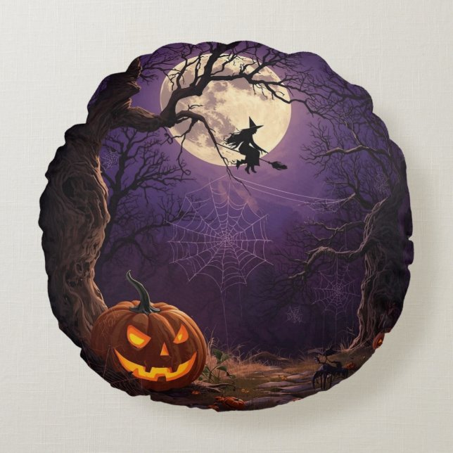 Almohada redonda de bruja y calabaza de Halloween (Anverso)