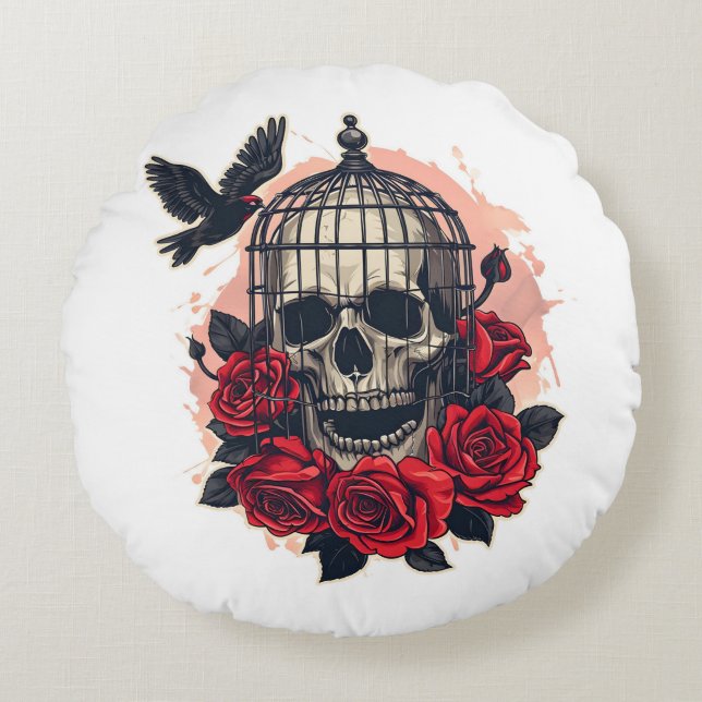 Almohada Redonda de Calavera de Azúcar de Hallowee (Anverso)