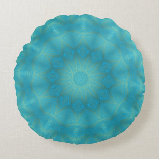 Almohada redonda de caleidoscopio azul y dorado (Anverso)