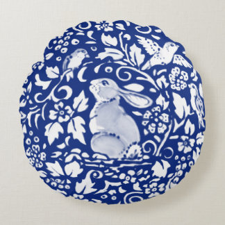 Almohada redonda de cerámica de conejo azul y blan