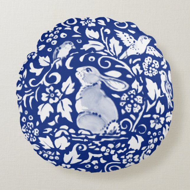 Almohada redonda de cerámica de conejo azul y blan (Anverso)