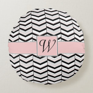 Almohada redonda de Chevron rosa y negro blanco