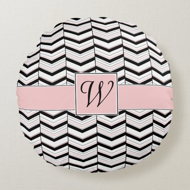 Almohada redonda de Chevron rosa y negro blanco (Anverso)