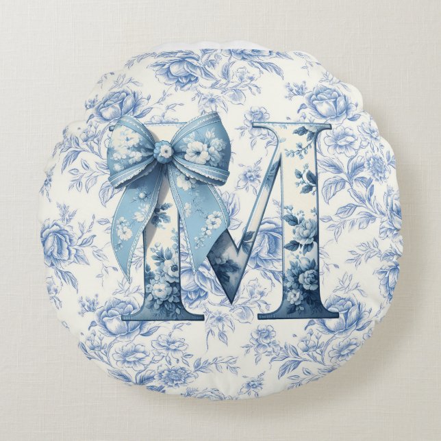 Almohada redonda de Chinoiserie azul claro de mamá (Anverso)