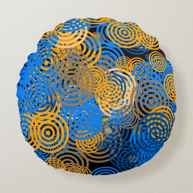 Almohada Redonda de Círculos Concéntricos Azules y (Anverso)