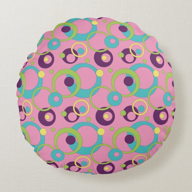 Almohada redonda de círculos rosas funky (Anverso)