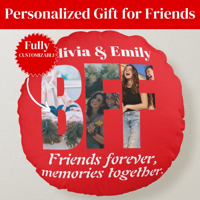 Almohada Redonda de Colaje de Fotos de Mejores Ami (BFF Photo Collage Round Pillow – Gift for Friend)