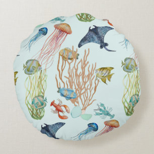 Almohada redonda de Coral Y Pescado Tropical De Je