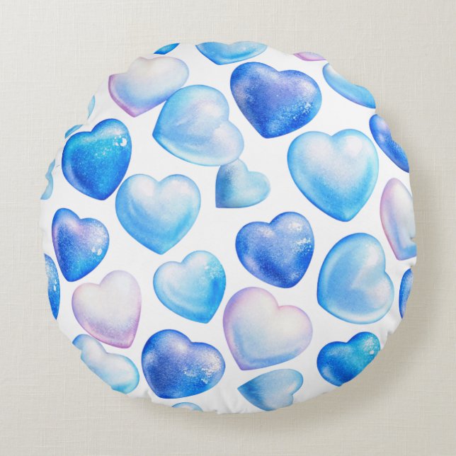 Almohada Redonda de Corazones Azul Pastel (Anverso)