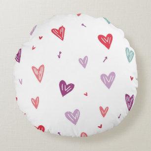 Almohada Redonda de Corazones Coloridos Dibujados 