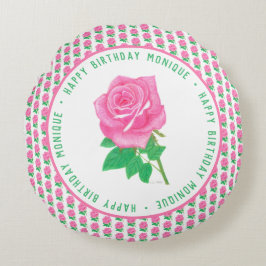 Almohada redonda de cumpleaños de rosa rosa